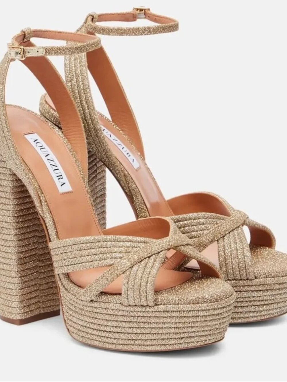 NEW Aquazzura Gold Glitter Sundance Platform Sandals Ankle Strap Heels 41